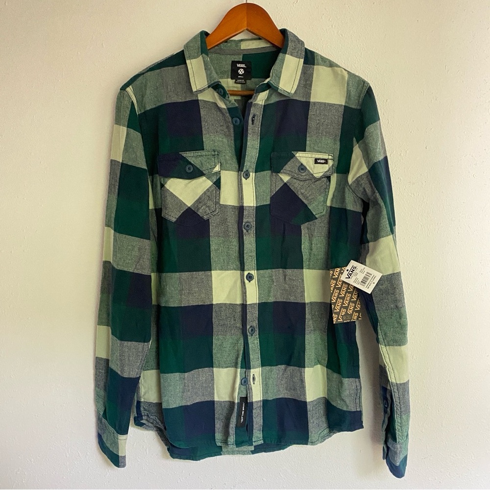 Vans Slim Fit Green Blue Plaid Men’s Casual Button Down Shirt Small NWT